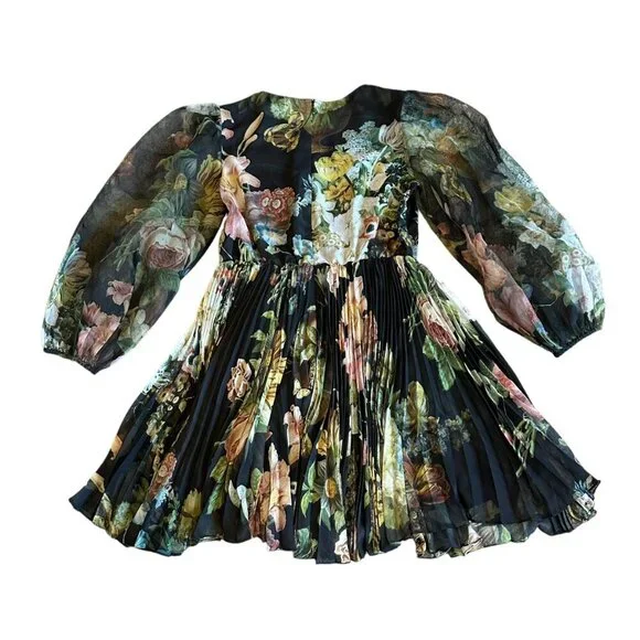 Pankaj & Nidhi Anthro Chiffon Floral Print Dress Long Sleeve Pleated Size Medium - Picture 10 of 16